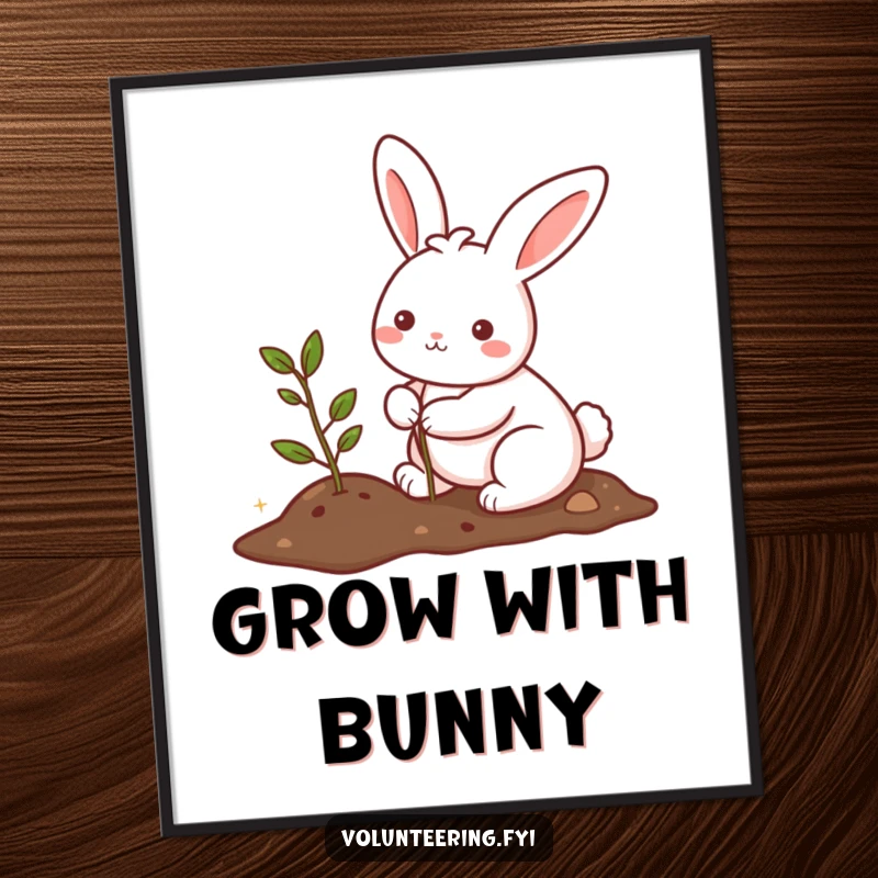 Funny poster featuring a kawaii bunny happily planting a small tree, adding a touch of whimsy and green charm to any room.