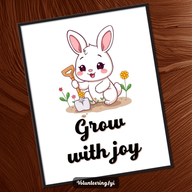 Funny poster of a happy bunny character planting tiny flowers with a smiling shovel, bringing garden delight.