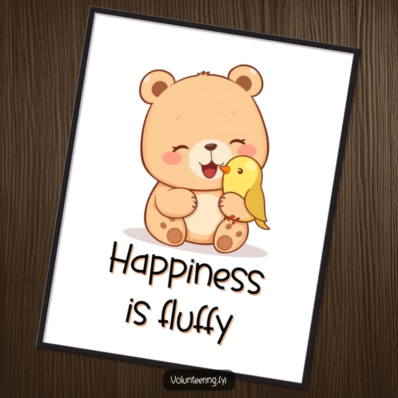 Funny poster art of a giggling bear petting a small bird on its nose, showcasing humorous and heartwarming wildlife beauty. Perfect funny gift.