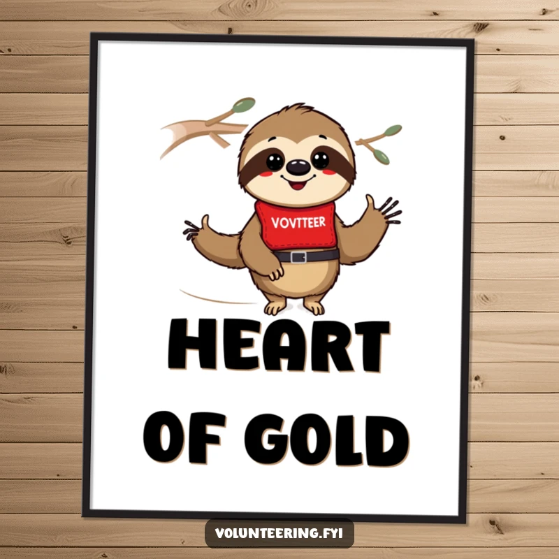 Funny sloth poster depicting a smiling sloth in a red volunteer vest, adding a touch of humor and motivation to any room.