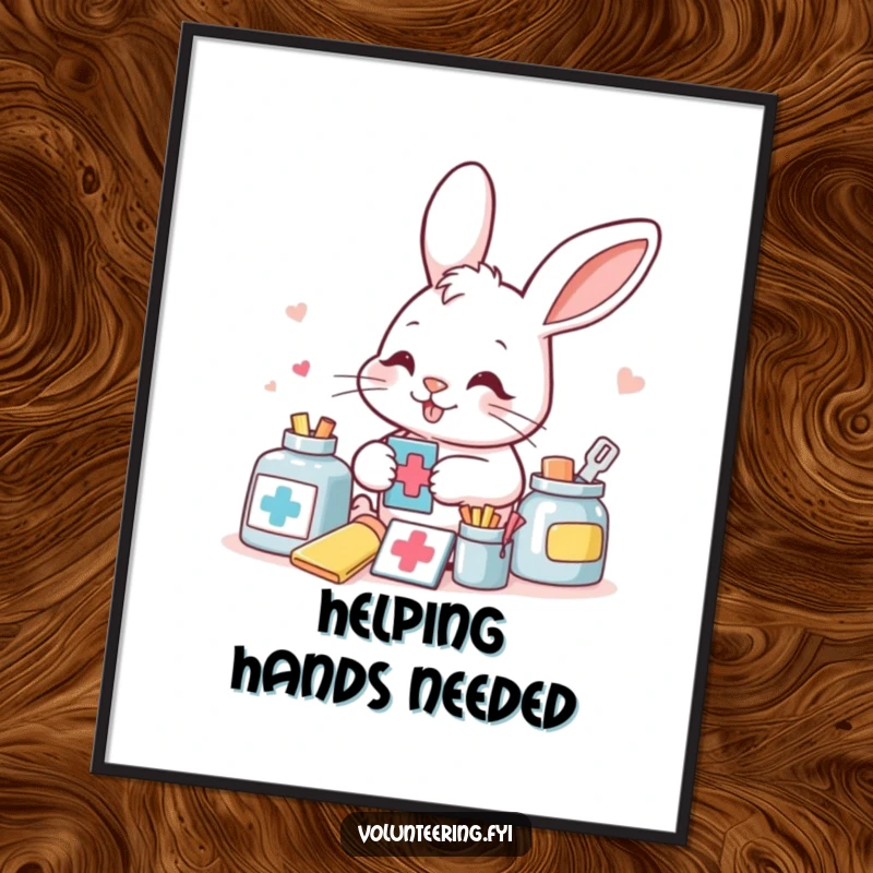 Funny smiling bunny meticulously sorting colorful aid supplies with a determined look, presented as charming wall art.