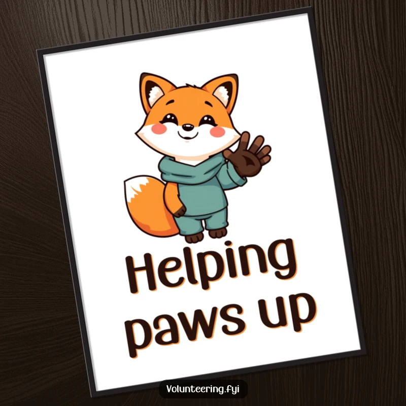 Funny illustrated poster of a cute, smiling cartoon fox offering a helping human hand, spreading positivity and warmth to any room.