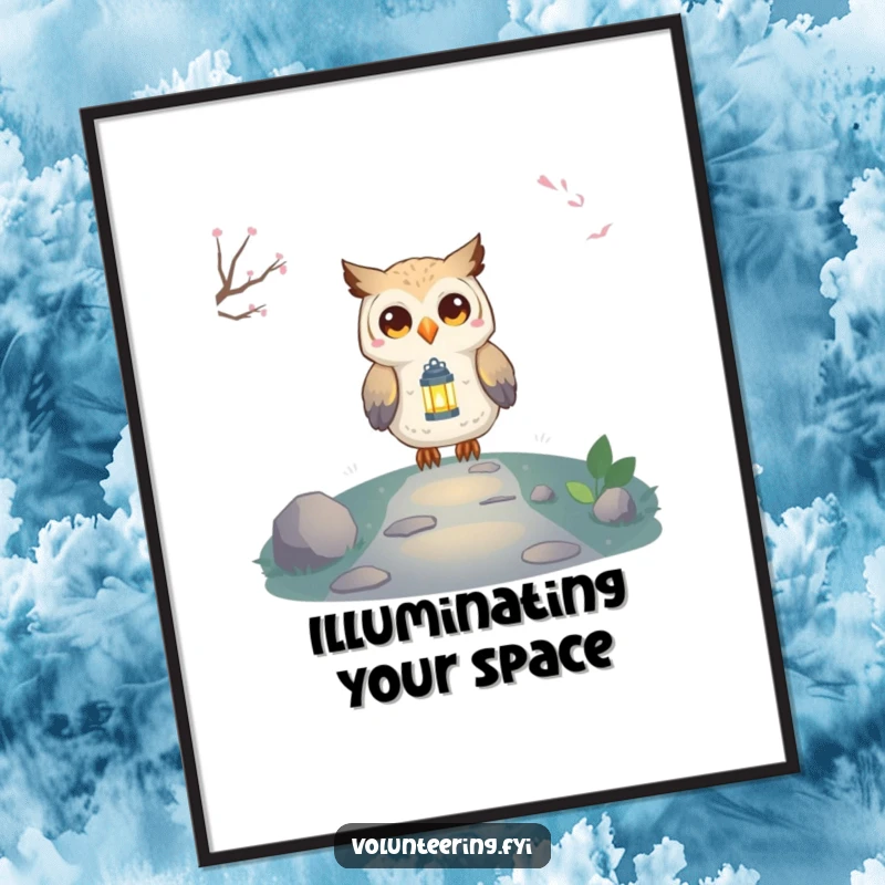 Funny Owl Lantern Poster showing a proud, smiling owl character illuminating a path with its small, glowing lantern, inspiring wall decor.