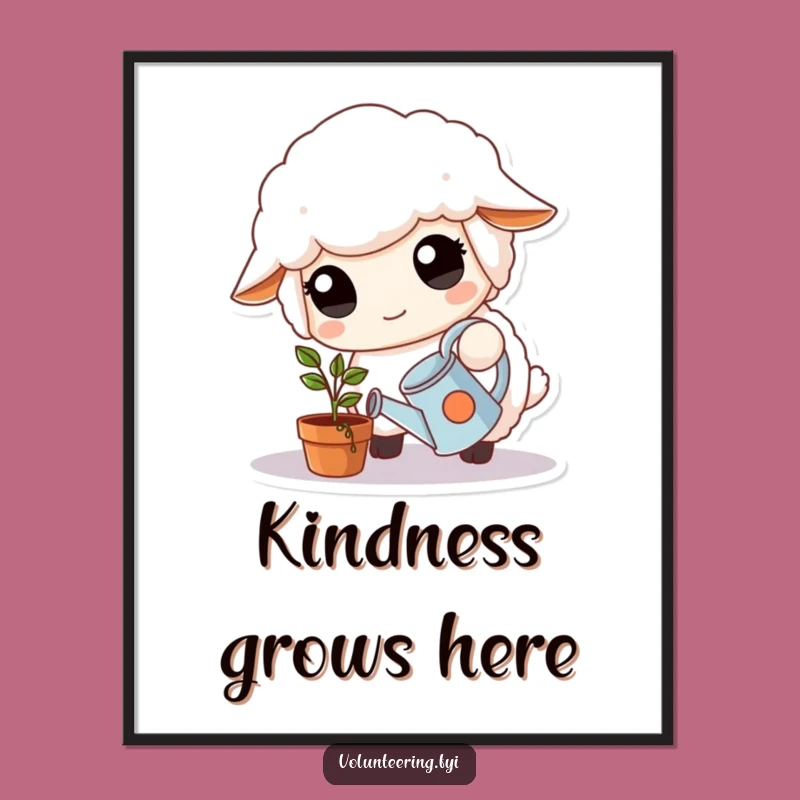 Funny Sheep Poster: Kind Sheep Watering Plant, Gentle Funny Art Print