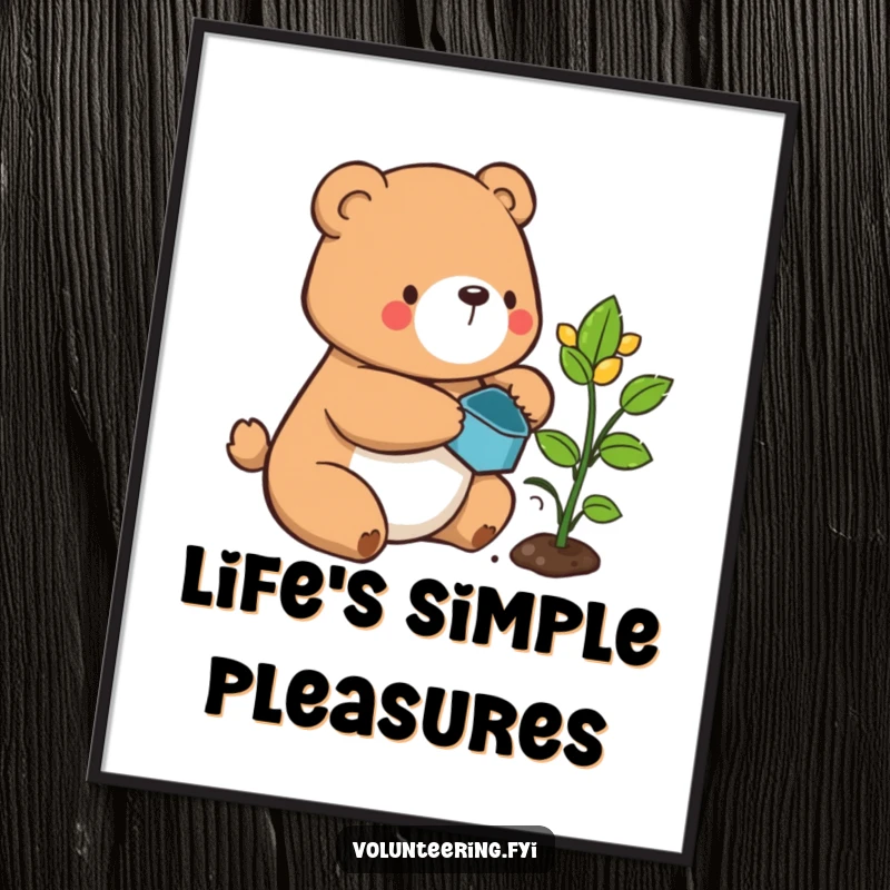 Funny bear poster, a contented cartoon bear carefully watering a sprouting plant, adding serene humor to decor.