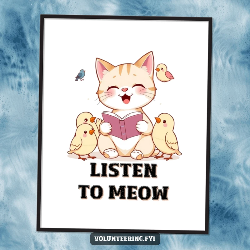 Funny poster print of a cheerful cat reading a book to a group of attentive birds, creating a whimsical scene.