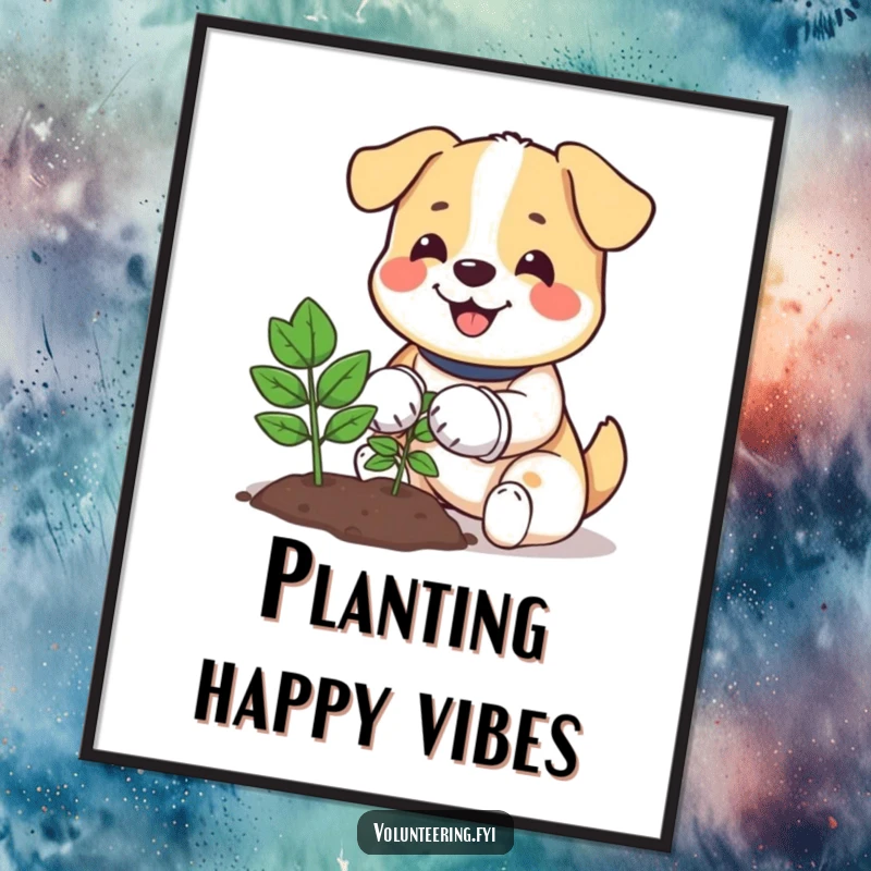 Funny poster print of a happy dog wearing gloves, planting a small tree, creating a charming and heartwarming scene.