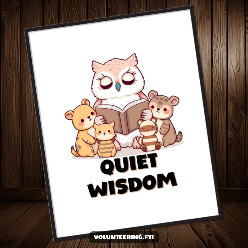 Funny poster of a kawaii owl serenely reading a book to attentive animal friends, bringing wisdom and cozy charm.