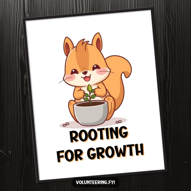 Funny Kawaii squirrel smiling, planting a tiny seed in a pot, cute gardening art print.