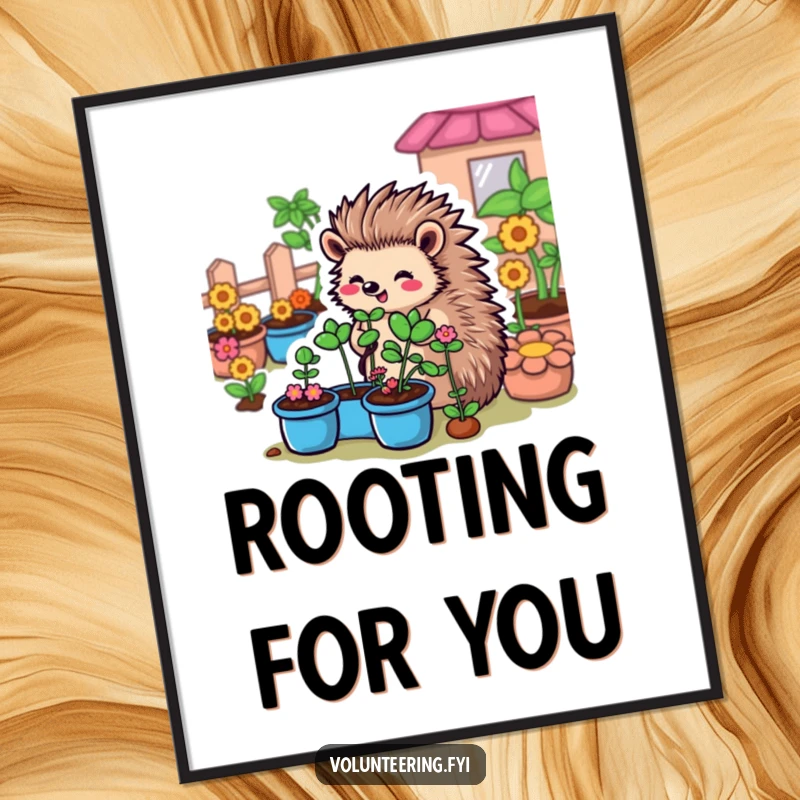 Funny Hedgehog Garden Poster: A cartoon hedgehog meticulously organizing plants in a shared garden, symbolizing community and care.