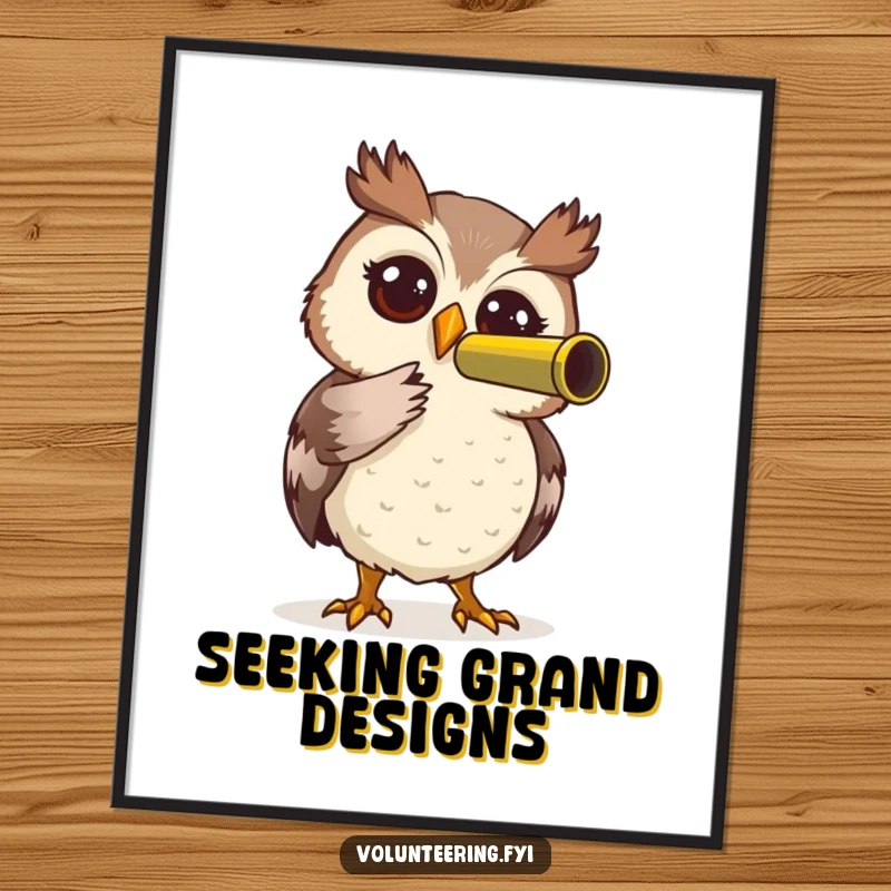 Funny Owl Poster: Artistic depiction of a curious owl with a telescope, showcasing helpfulness, perfect for a funny gift.