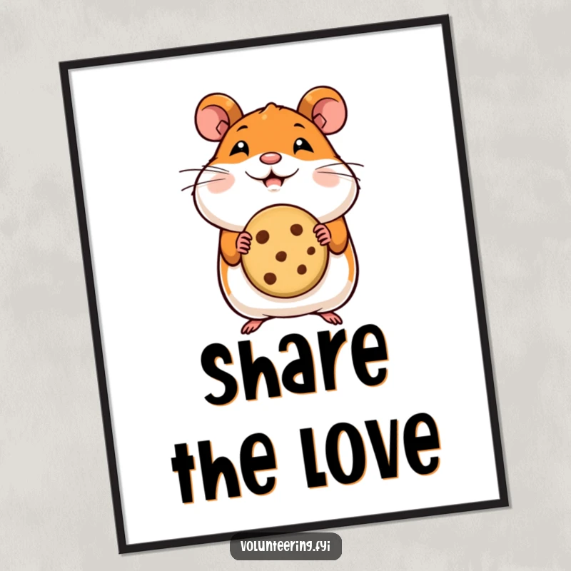 Funny hamster poster depicting a happy hamster offering a cookie, perfect for adding sweet, whimsical decor.