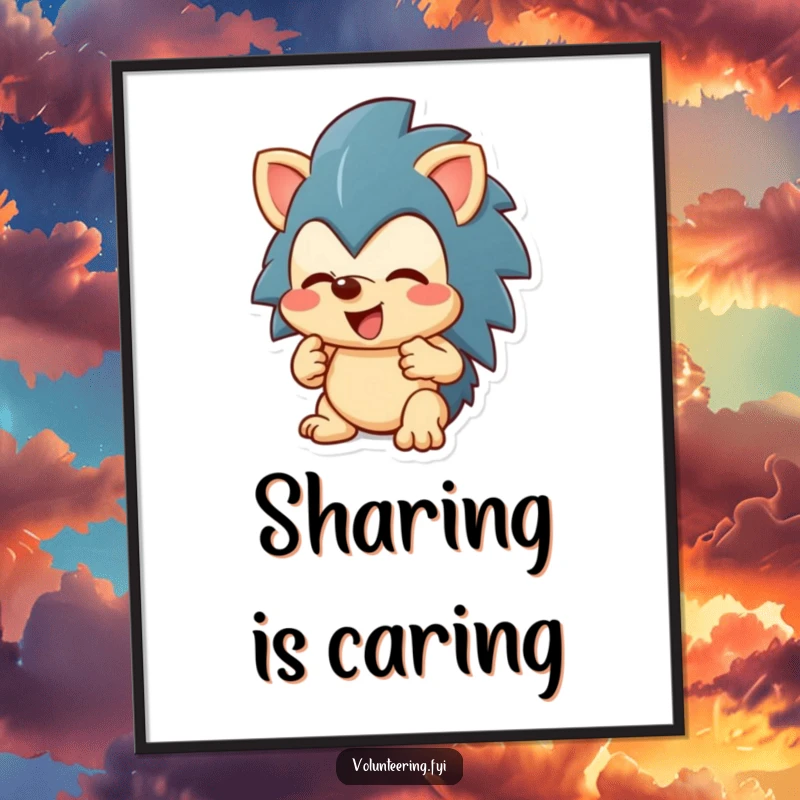 Funny enthusiastic hedgehog character sharing a toy, wall art poster, perfect funny gift.