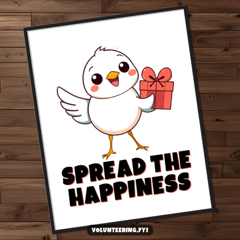 Funny bird poster depicting a smiling bird holding a colorful gift, perfect for adding cheerful, celebratory decor.
