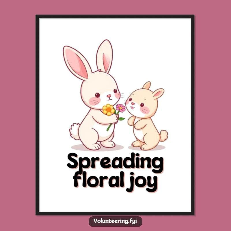 Funny Kawaii Bunny Flower Poster: Cute Animal Art Print Gift