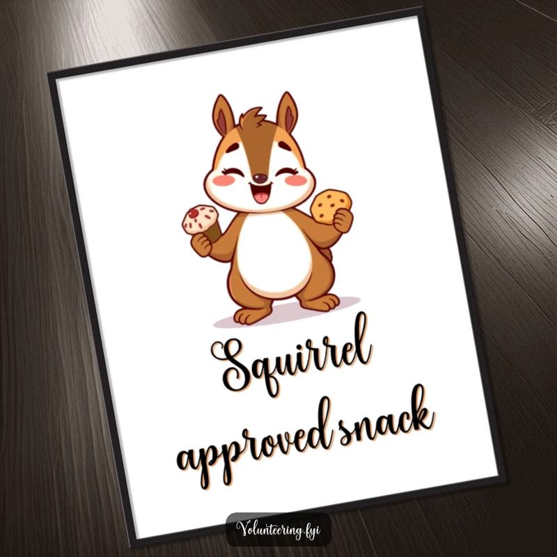 Funny squirrel poster, a giggling cartoon squirrel proudly holding a freshly baked golden treat, adding humor to decor.