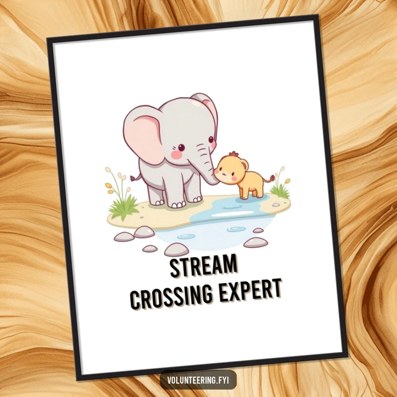 Funny kawaii elephant helping poster, an adorable scene of an elephant assisting a smaller creature across a stream, symbolizing empathy and care.