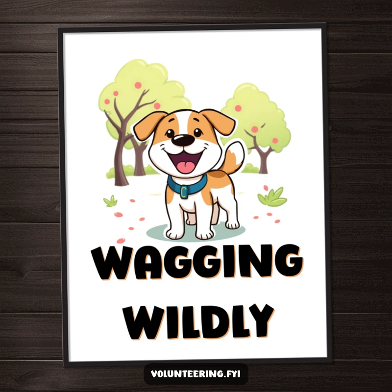 Funny Dog Park Poster: A playful cartoon dog celebrating in a park, its happy tail wagging symbolizes pure canine bliss and amusement.