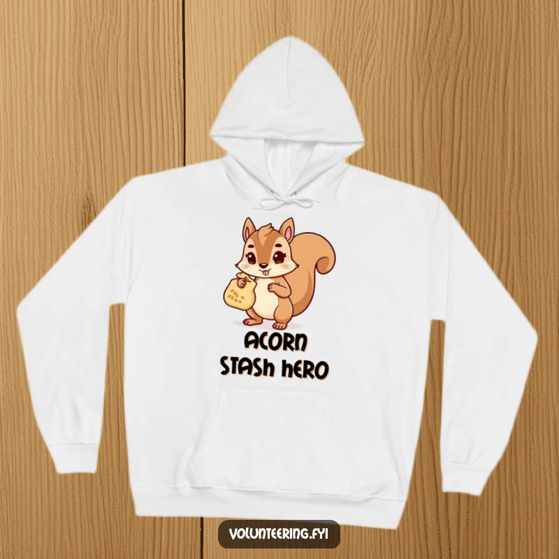 Funny Hoodie featuring a determined squirrel character carrying a bag of seeds, symbolizing preparedness and a helpful demeanor.