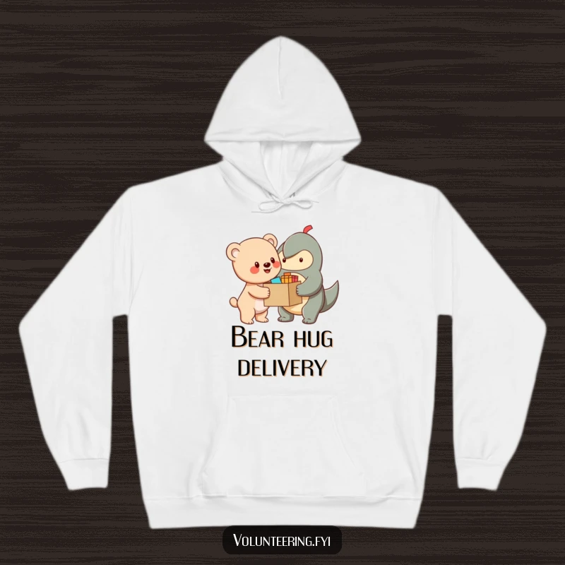 Funny Hoodie featuring a cheerful bear cub character handing a box of supplies to another creature, symbolizing generosity and support.
