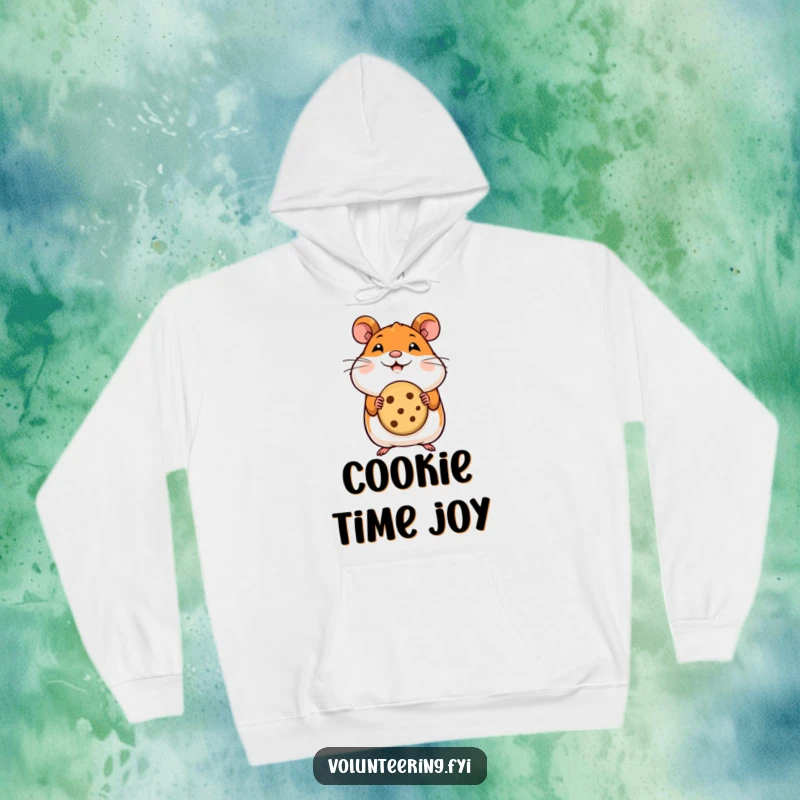 Funny hamster hoodie featuring a happy hamster with a cookie, combining cuteness and comfort for a cozy feel.