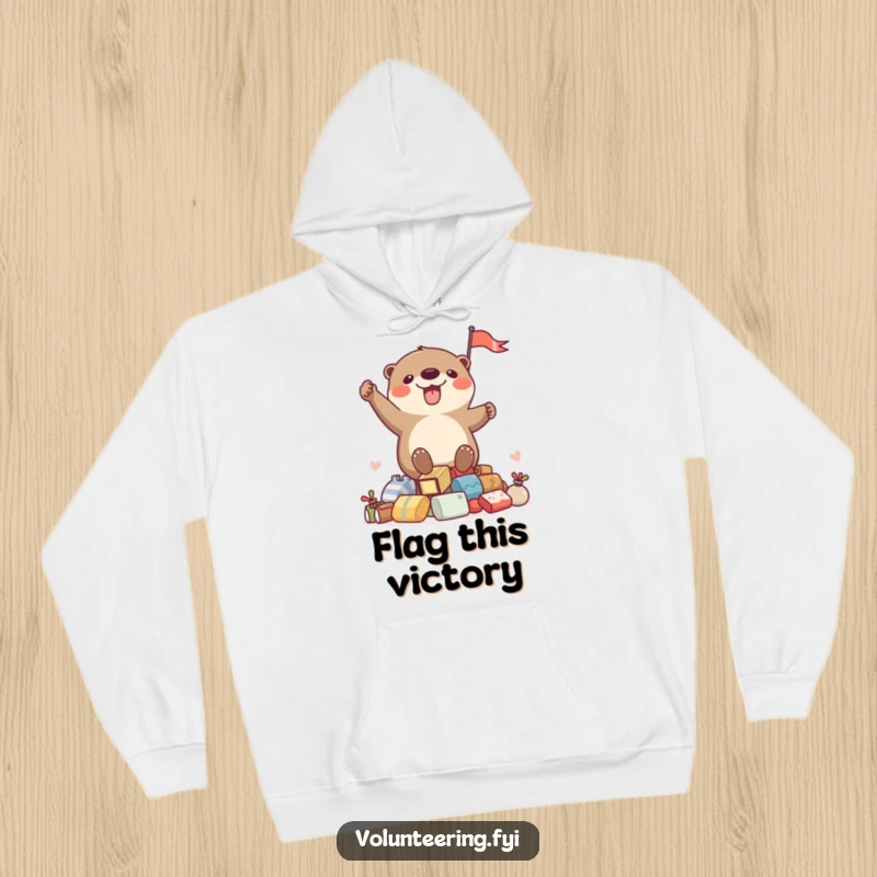 Funny hoodie showcasing an otter excitedly waving a flag atop a pile of goods, a warm and humorous gift idea.