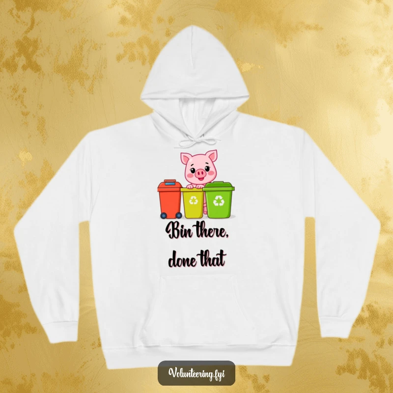 Funny pink pig character with a sunny smile, cheerfully sorting colorful recycling bins, on a cozy hoodie, a hilarious eco gift.