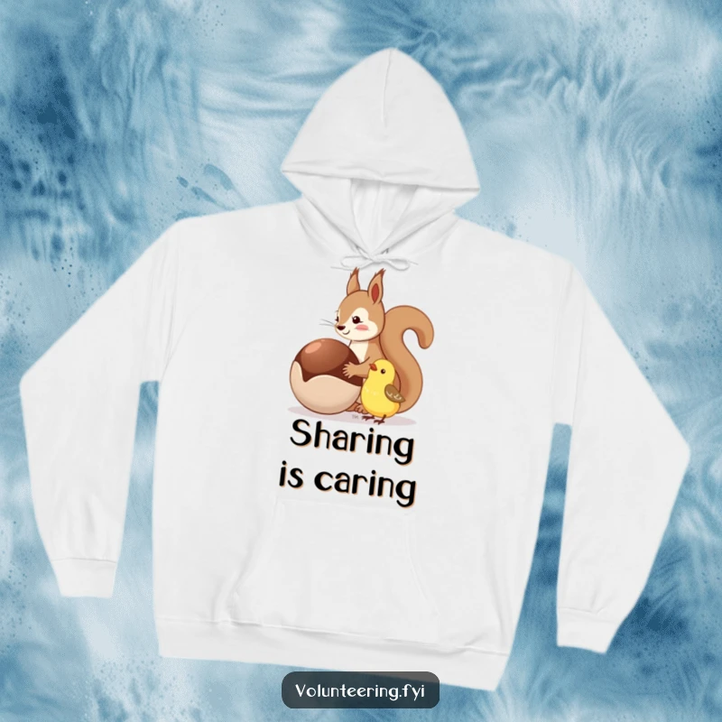 Funny hoodie illustrating a squirrel sharing a nut with a happy bird, embodying kindness and warmth.