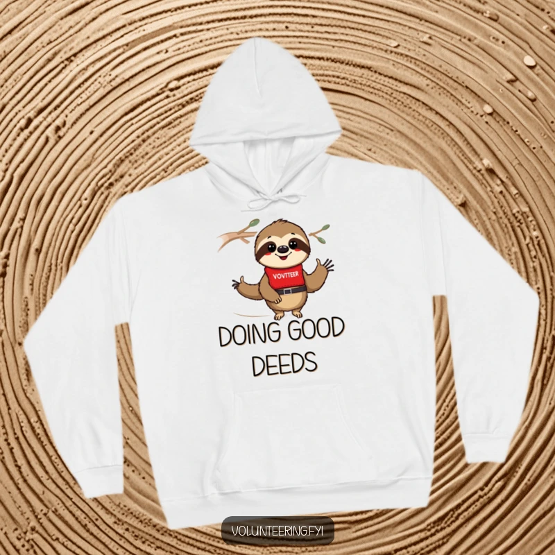 Funny sloth hoodie showing a smiling sloth in a red volunteer vest, perfect for a cozy and humorous feel for volunteers.