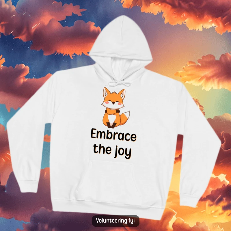 Funny fox hoodie, a joyous cartoon fox offering a warm, comforting embrace, radiating happiness and friendliness.