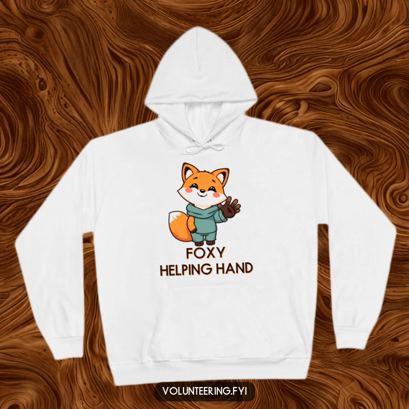 Funny and cozy hoodie featuring a smiling cartoon fox extending a helping human hand, symbolizing support and friendship.