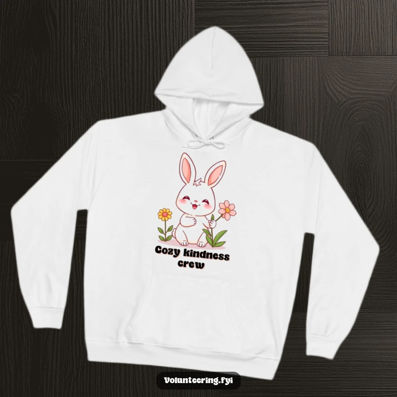 Funny hoodie with a friendly rabbit smiling and giving a flower, perfect for cozy days and spreading happiness.