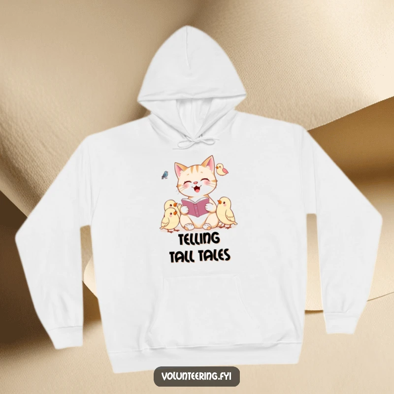 Funny hoodie featuring a cheerful cat reading a book to a group of attentive birds, symbolizing comfort and knowledge.