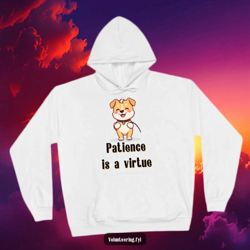 Funny hoodie featuring a Kawaii dog holding a leash, ready to walk with an elder, symbolizing warmth and friendship.