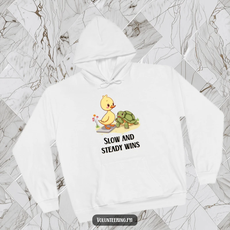 Funny kawaii duckling hoodie, a charming scene of a duckling assisting a turtle across a path, symbolizing patience and care.