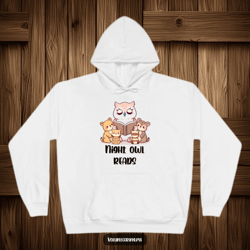Funny hoodie featuring a kawaii owl reading a book to attentive animal friends, offering warmth and literary joy.