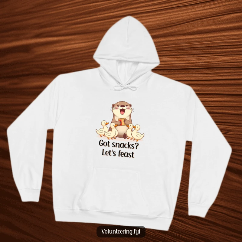Funny hoodie with a delighted otter sharing snacks with ducks, bringing humorous aquatic charm to your everyday wear. Excellent funny gift.