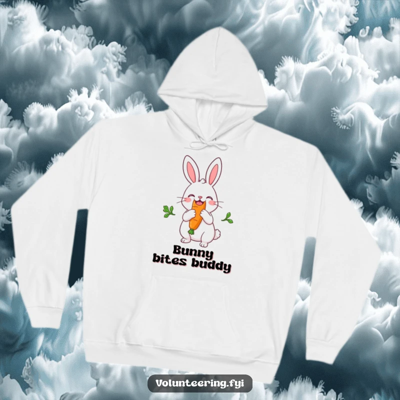Funny, cozy hoodie featuring a joyful rabbit generously sharing a giant carrot, perfect for animal lovers and humor seekers.