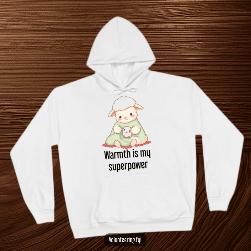 Funny hoodie with a gentle sheep and a small creature sharing a bright, warm blanket, emphasizing comfort and a heartwarming, humorous scene.