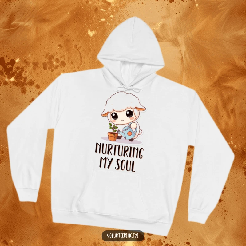 Funny Hoodie: Fluffy white sheep with large, kind eyes carefully waters a small potted plant with a tiny watering can, cozy and caring.