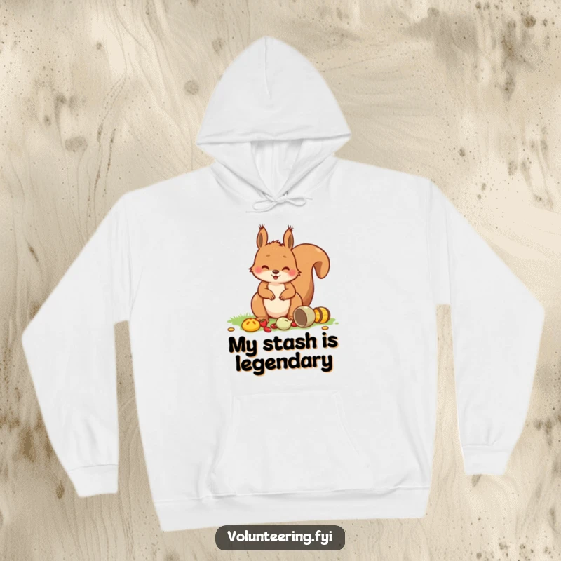 Funny Squirrel Picnic Hoodie featuring a playful squirrel tidying picnic items with a smile, offering warmth and cheerful woodland vibes.