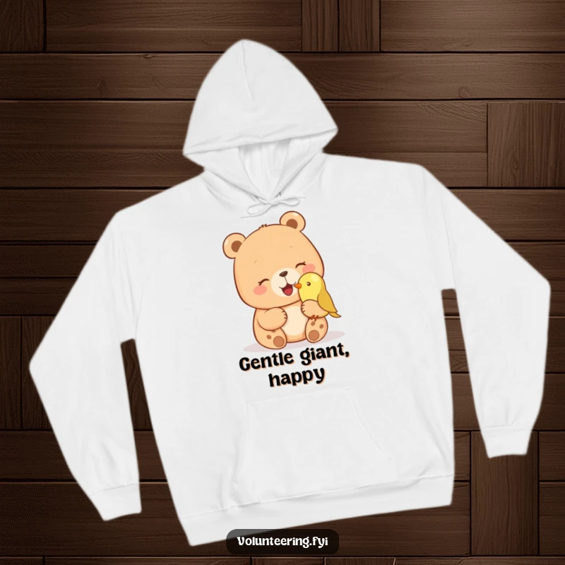 Funny hoodie featuring a giggling bear petting a small bird on its nose, bringing humorous wildlife charm to your wardrobe. Excellent funny gift.