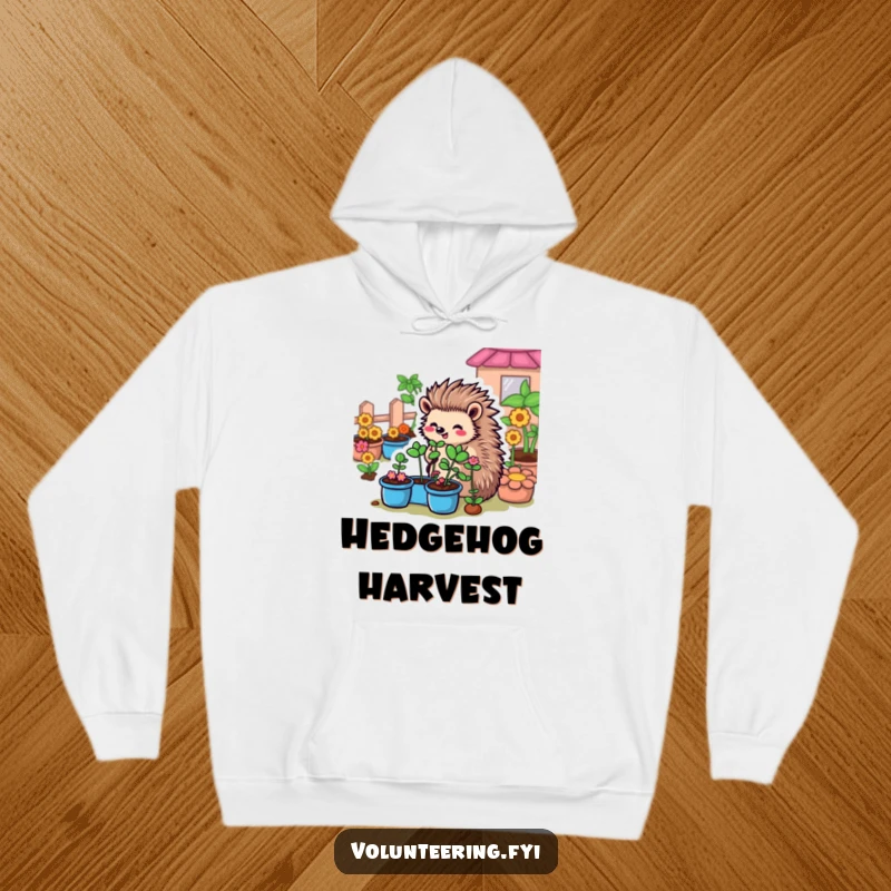 Funny Hedgehog Garden Hoodie: A cartoon hedgehog busy in a lush garden, organizing plants with care, designed for cozy gardening vibes.