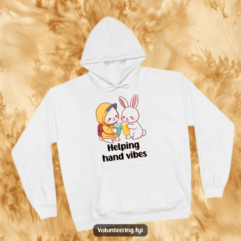 Funny Kawaii Rabbit Comfort Hoodie: A warm hoodie with a rabbit offering a drink to a friend, radiating kindness and support.