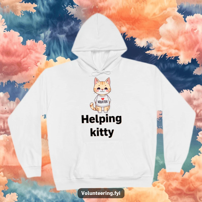 Funny and cozy hoodie featuring an adorable illustrated cat wearing a volunteer t-shirt, symbolizing warmth and a helpful spirit.