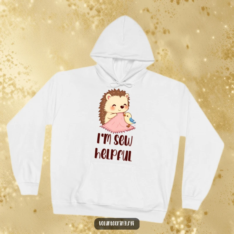 Funny hoodie depicting a happy hedgehog sewing a small blanket for a bird, designed for ultimate comfort and warmth.