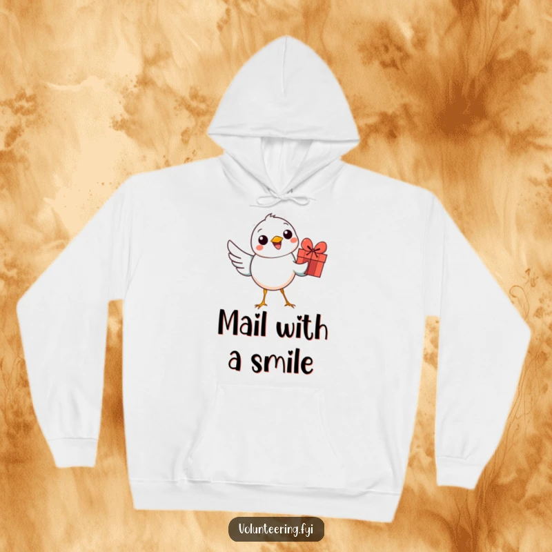 Funny bird hoodie featuring a smiling bird with a colorful gift, combining cheerful delivery and cozy comfort.