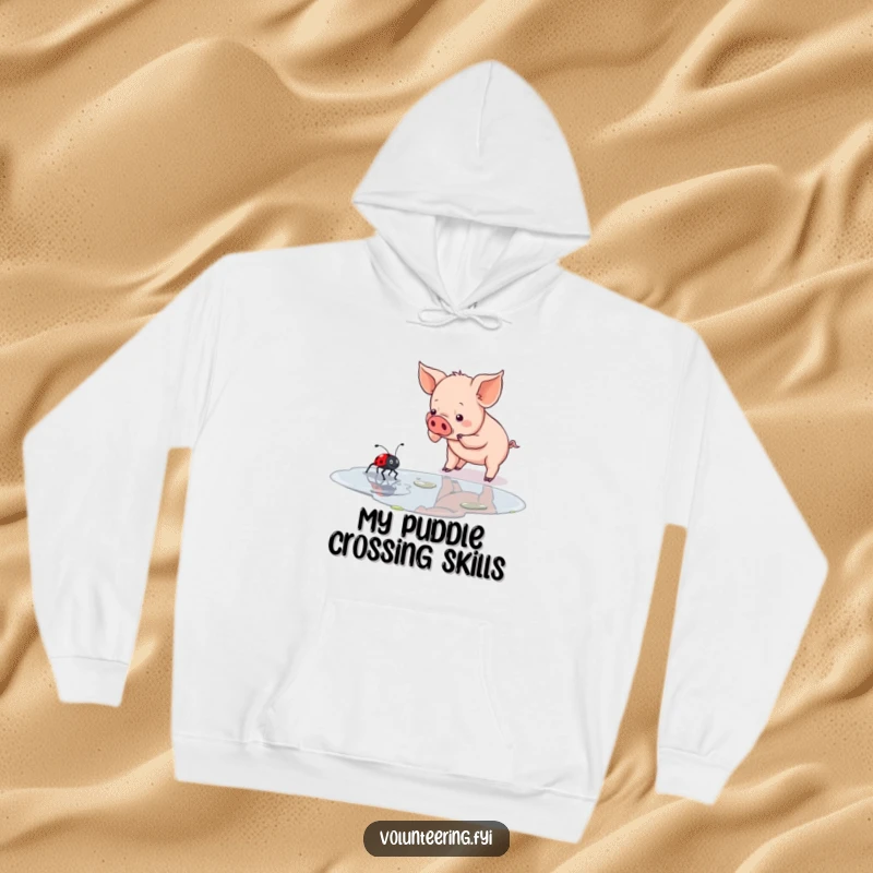 Funny piglet hoodie depicting a determined piglet assisting a ladybug across a puddle, a heartwarming scene of creature companionship.
