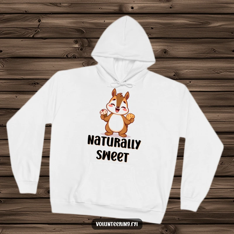 Funny squirrel hoodie, a cheerful cartoon squirrel holding a golden-brown freshly baked treat, radiating pride and warmth.