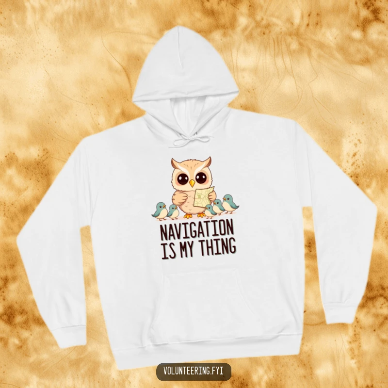 Funny hoodie featuring a smiling owl holding a map and pointing the way for smaller birds, conveying wisdom and humorous guidance.